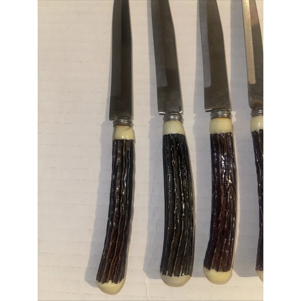Vintage 8 Stainless Steel Faux‎ Antler Steak Knives Made in Japan